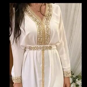 Elegant White Long Sleeve Dress with Gold Accents